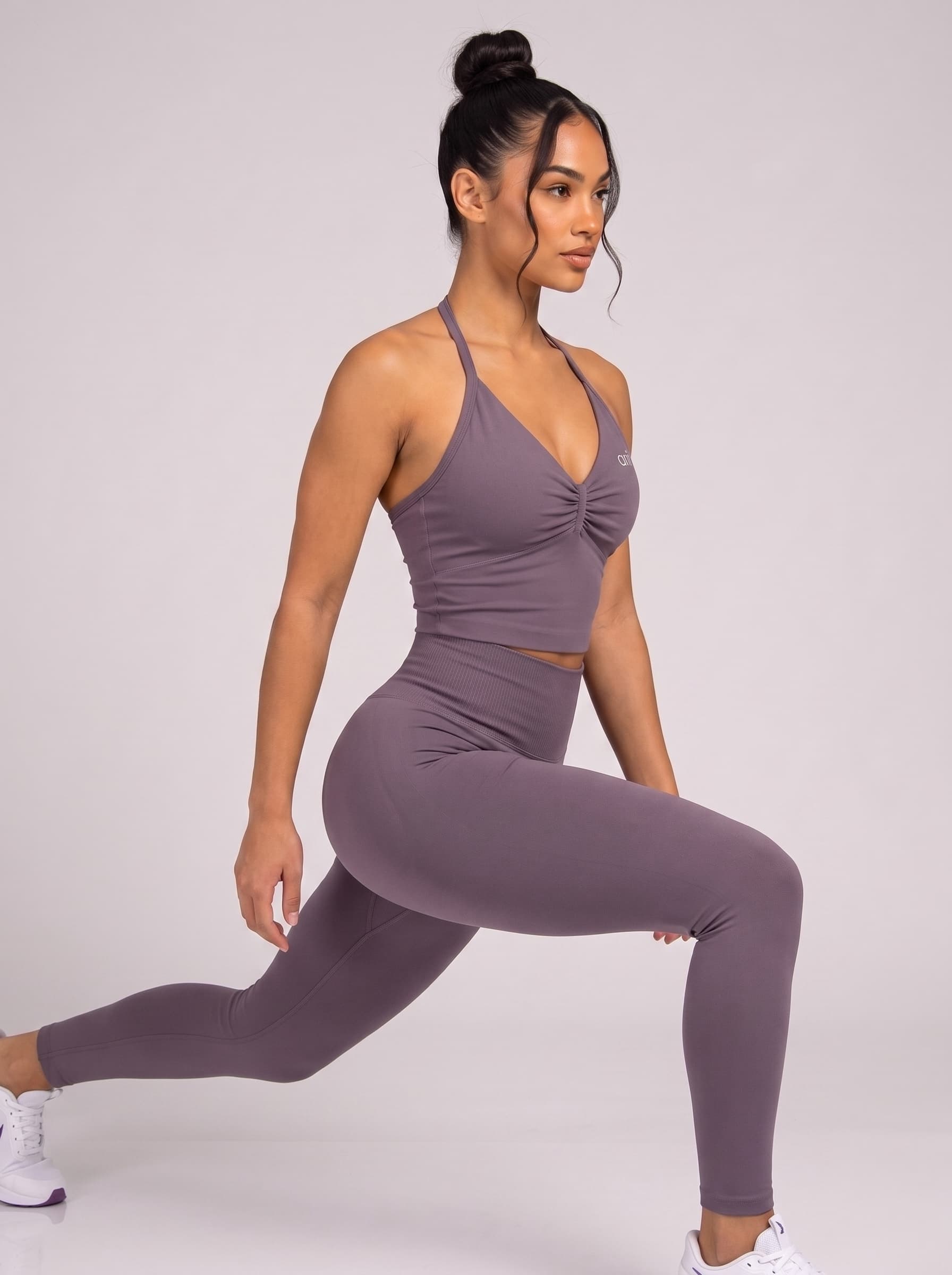 Purple Aria seamless scrunch legging and sports bra matching workout set